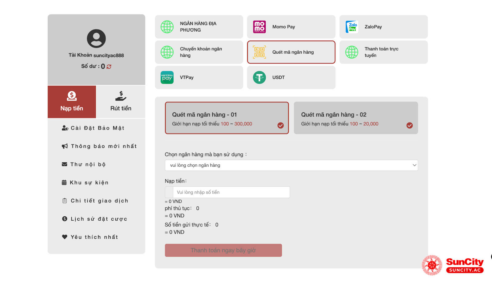 Nạp tiền suncity theo phương thức quét mã ngân hàng