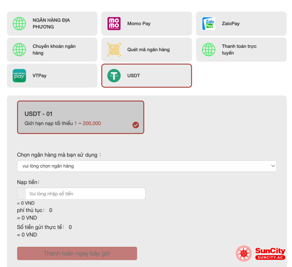 Nạp tiền suncity theo phương thức USDT